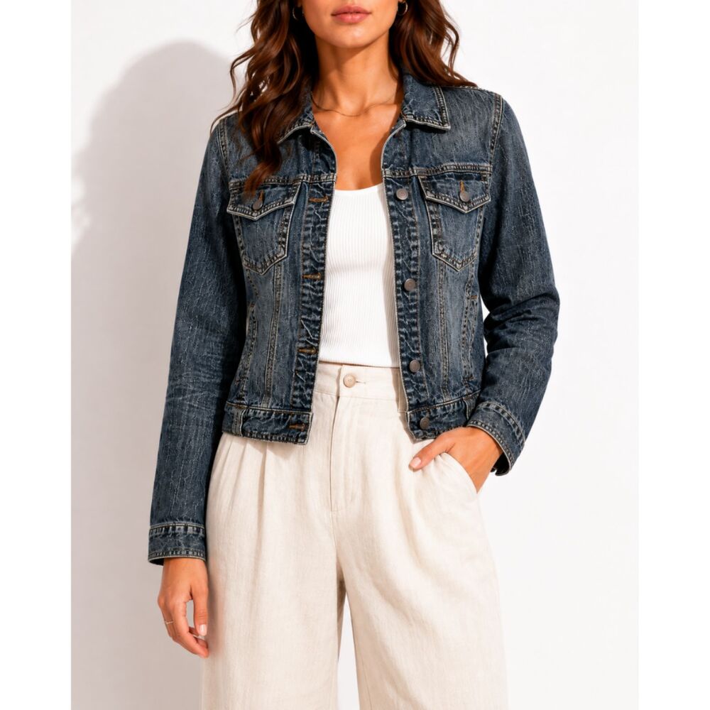 Denim Jacket Large Vintage Wash Trucker Jean Jacket Casual Classic Blue